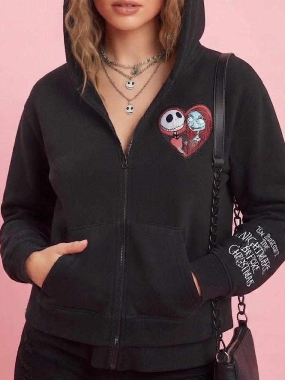 Disney The Nightmare Before Christmas Jack & Sally Patch Black Zip-Up Hoodie
